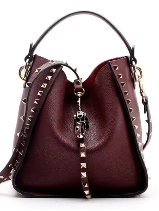 Handbags - Studded Burgundy Leather Bucket Bag